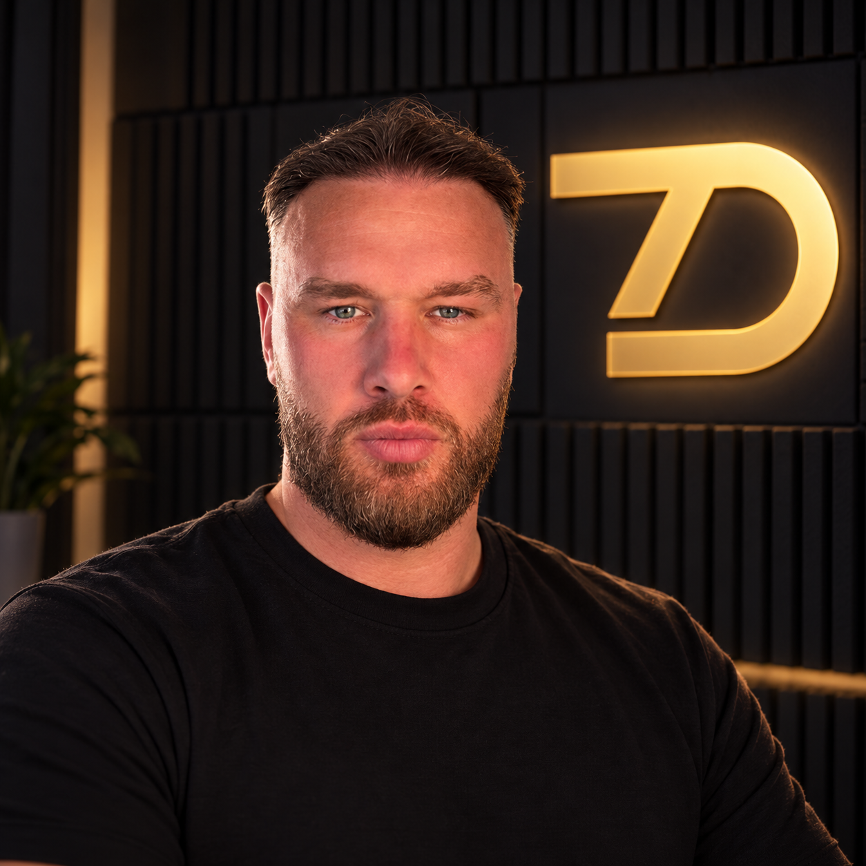David in his studio, with the David Trades Gold logo behind him